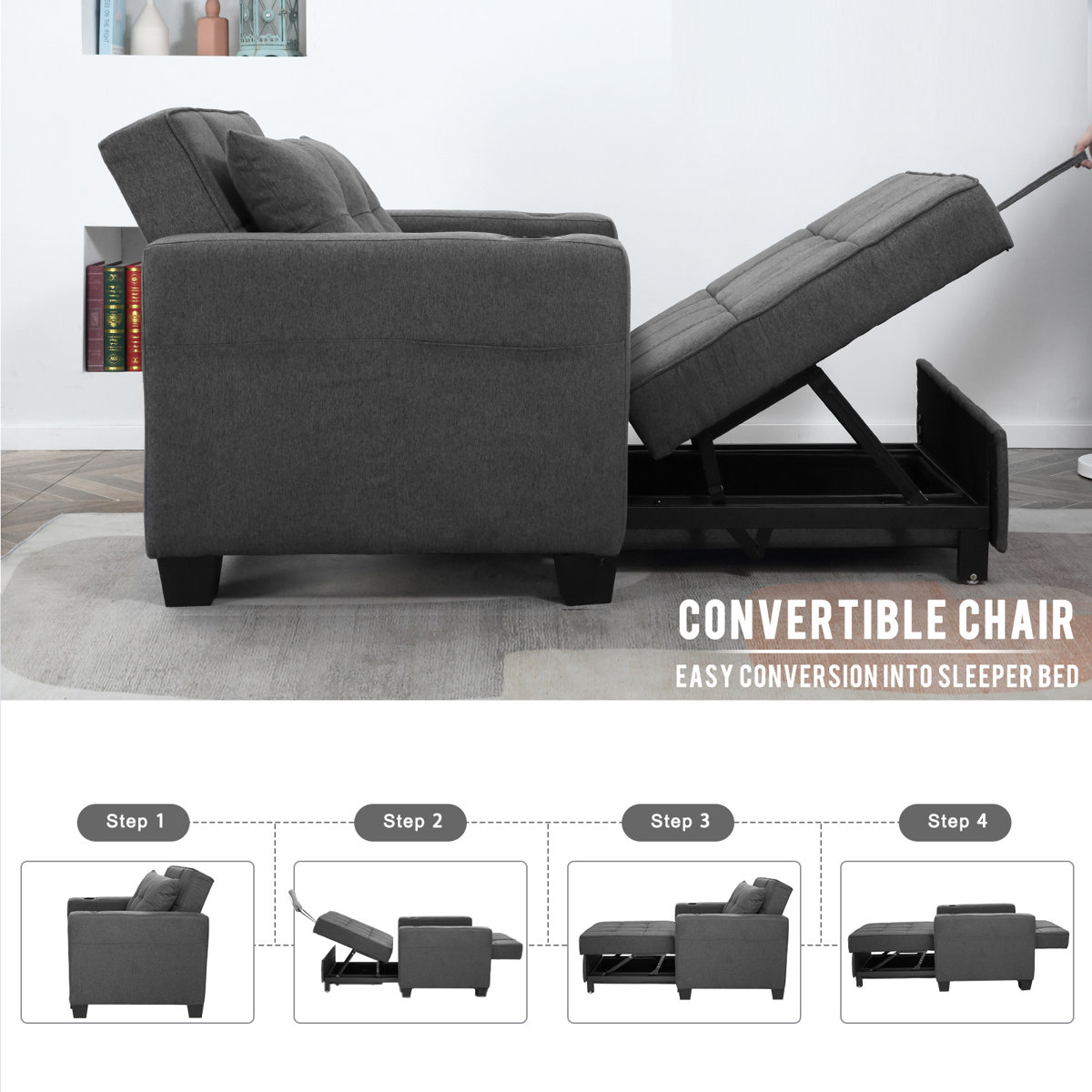 Latitude Run 36.6" Wide Convertible Chair 3-In-1 Pull Out Sleeper Futon Chair Beds with USB